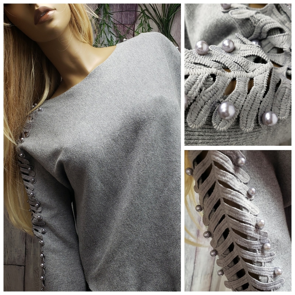 Anthro Ember Gray Sweater with Embroidered Cut Outs & Pearls Sleeve